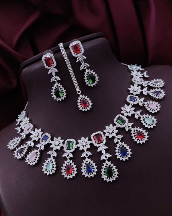 Bridal AD Choker Necklace Set with Tikka & Earrings - Multicolor
