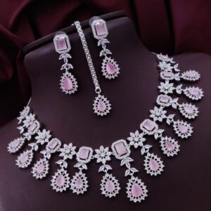 Bridal AD Choker Necklace Set with Tikka & Earrings - Pink
