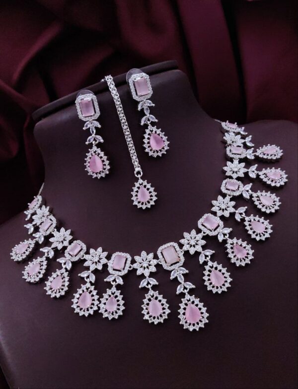 Bridal AD Choker Necklace Set with Tikka & Earrings - Pink