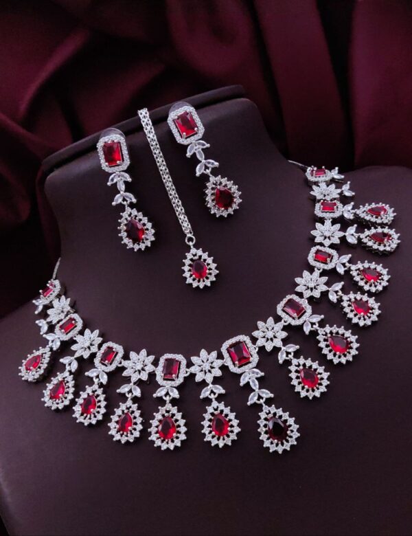 Bridal AD Choker Necklace Set with Tikka & Earrings - Red