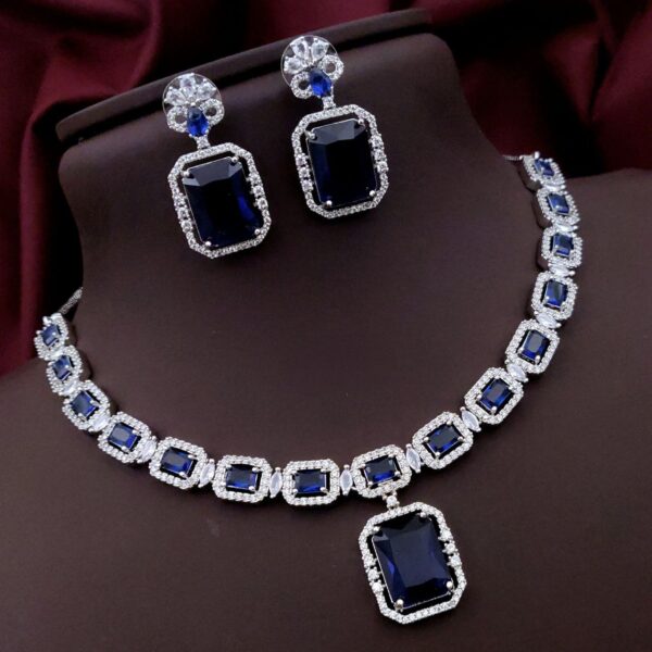 Elegant AD Necklace Set with Rectangle Stone Pendant – Blue