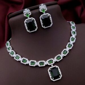 Elegant AD Necklace Set with Rectangle Stone Pendant – Emerald Green