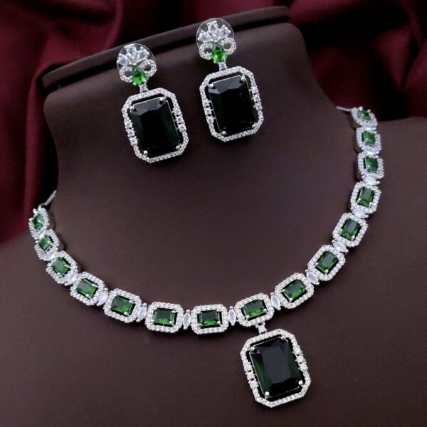 Elegant AD Necklace Set with Rectangle Stone Pendant – Emerald Green