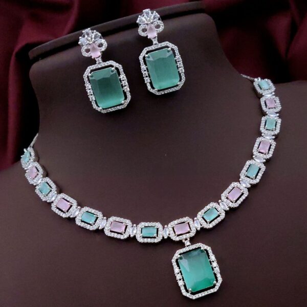Elegant AD Necklace Set with Rectangle Stone Pendant – Mint Pink