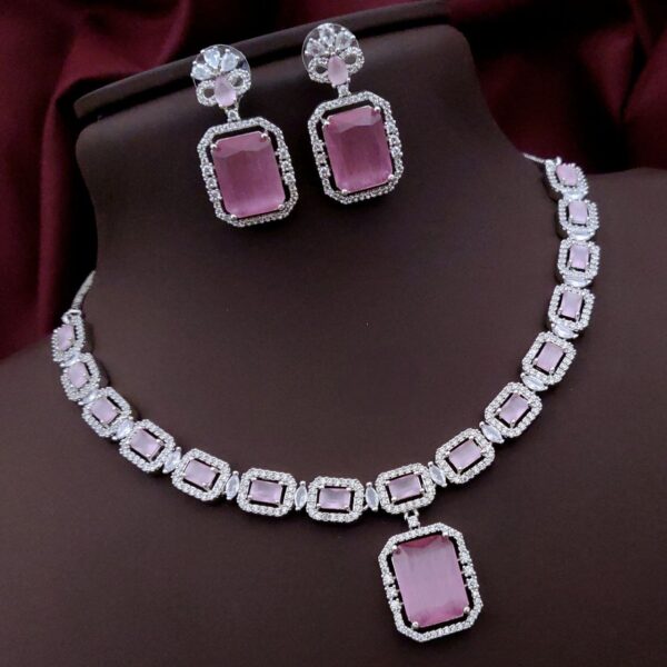 Elegant AD Necklace Set with Rectangle Stone Pendant – Pink