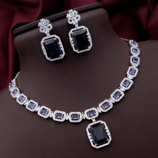 Elegant AD Necklace Set with Rectangle Stone Pendant – Purple