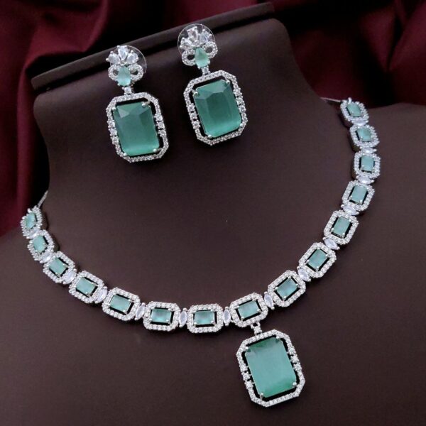 Elegant AD Necklace Set with Rectangle Stone Pendant – Rama Green
