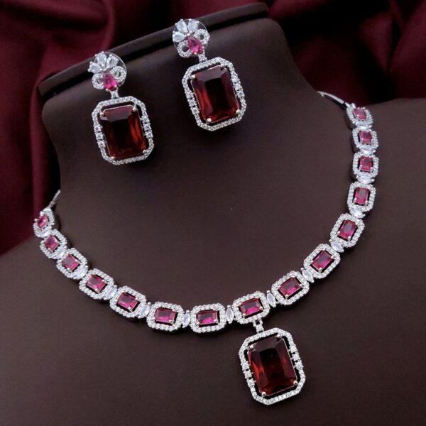 Elegant AD Necklace Set with Rectangle Stone Pendant – Red