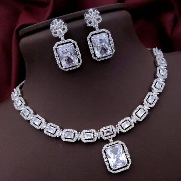 Elegant AD Necklace Set with Rectangle Stone Pendant – White