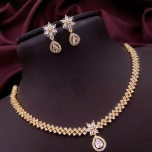 Elegant Floral Gold‑Plated Necklace & Earrings Set with Teardrop Gemstone Accent – White