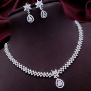 Elegant Floral Rhodium‑Plated Necklace & Earrings Set with Teardrop Gemstone Accent – White