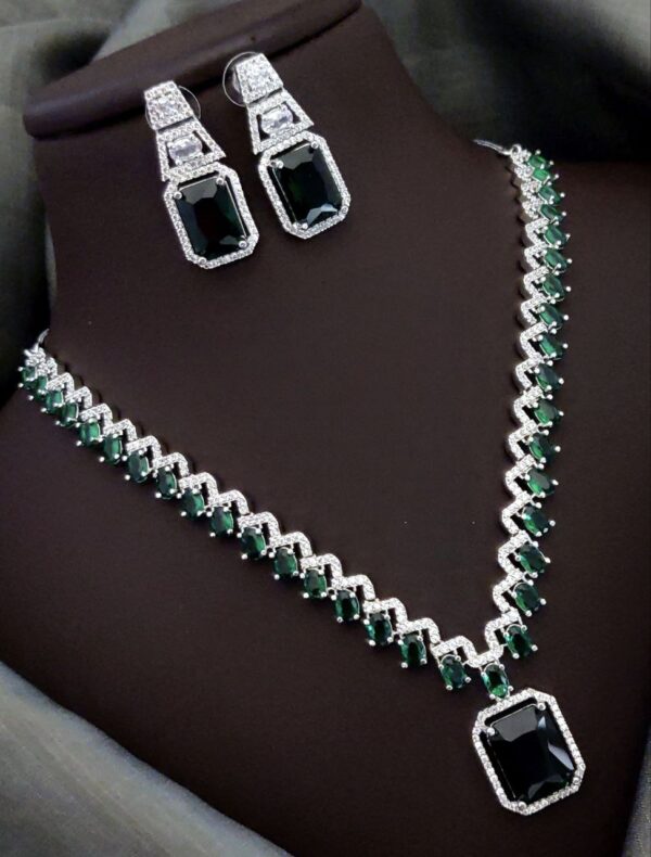 Elegant Square-Cut CZ Necklace Set with American Diamond Accents – Green