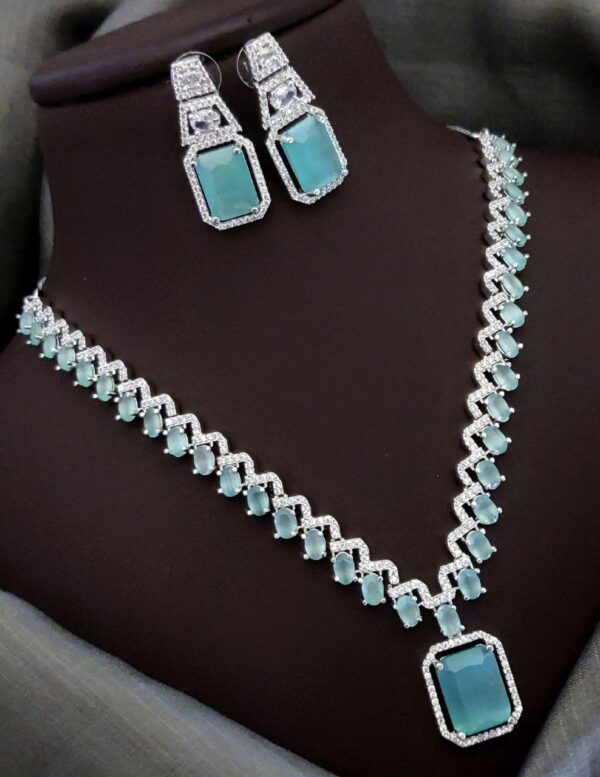 Elegant Square-Cut CZ Necklace Set with American Diamond Accents – Mint Green
