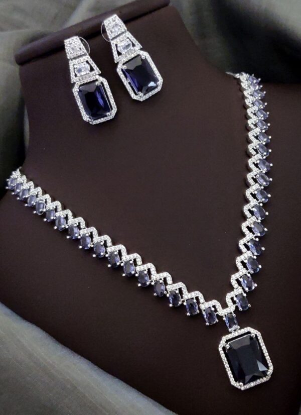Elegant Square-Cut CZ Necklace Set with American Diamond Accents – Navy Blue