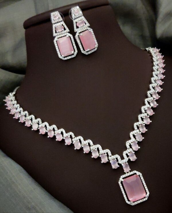 Elegant Square-Cut CZ Necklace Set with American Diamond Accents – Pink
