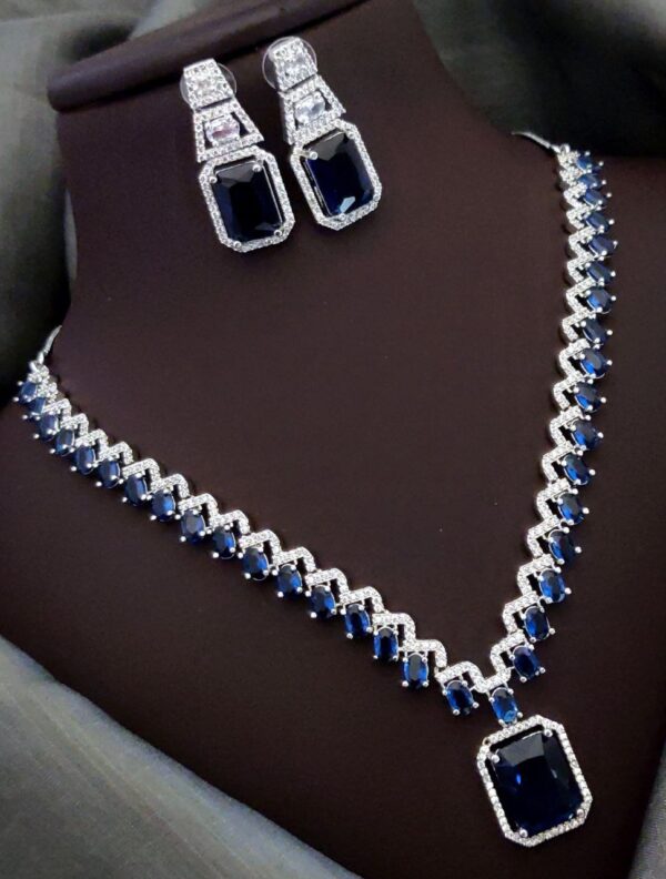 Elegant Square-Cut CZ Necklace Set with American Diamond Accents – Royal Blue