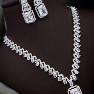 Elegant Square-Cut CZ Necklace Set with American Diamond Accents – White