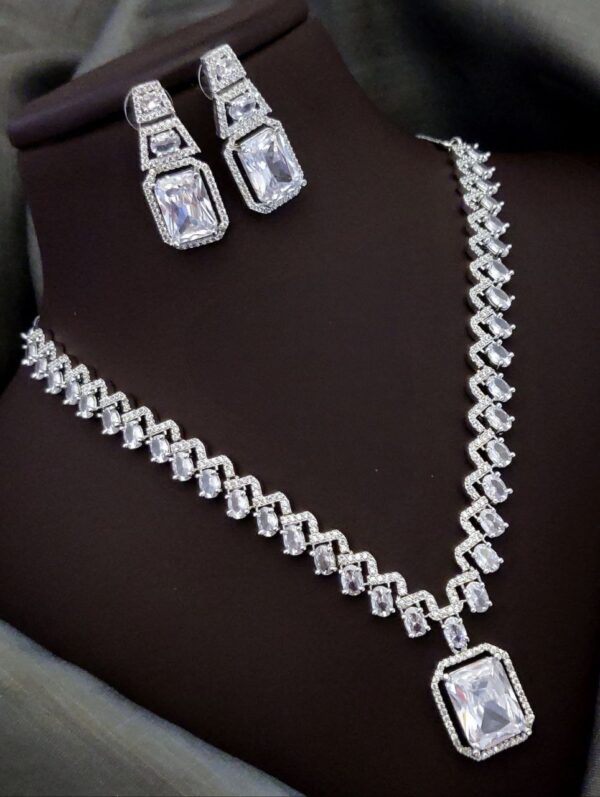 Elegant Square-Cut CZ Necklace Set with American Diamond Accents – White