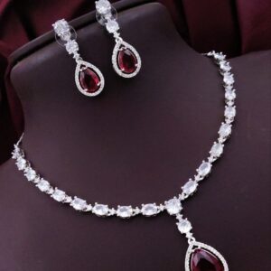 Elegant Teardrop Pendant Necklace & Earrings Set with Zircon Accents – Ruby Red