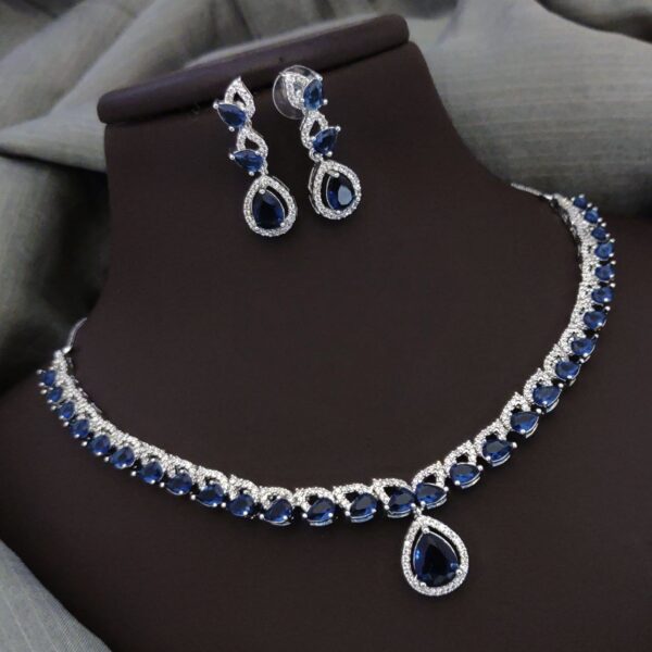 Elegant Teardrop Stone Necklace Set with American Diamond Highlights – Blue