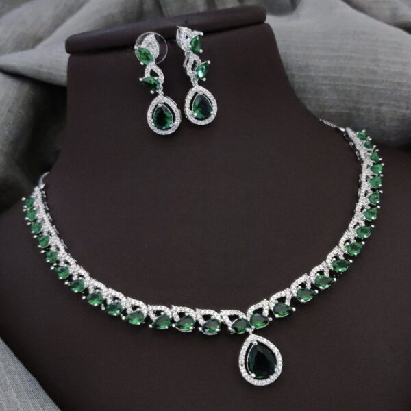 Elegant Teardrop Stone Necklace Set with American Diamond Highlights – Green