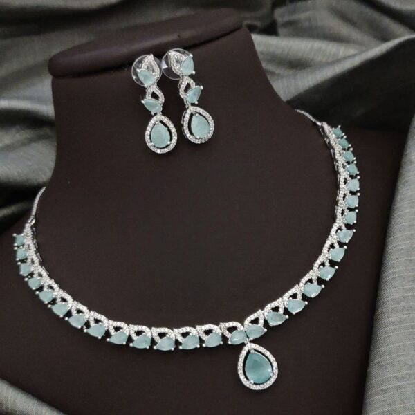 Elegant Teardrop Stone Necklace Set with American Diamond Highlights – Mint Green
