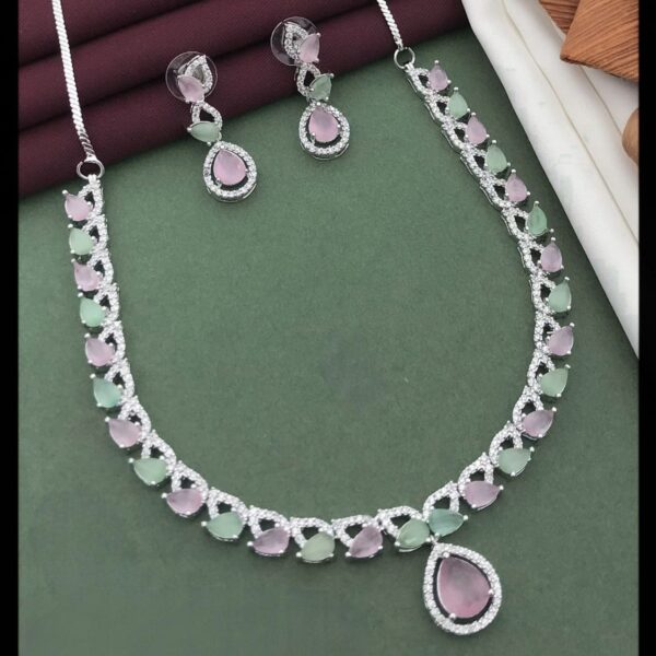 Elegant Teardrop Stone Necklace Set with American Diamond Highlights – Mint Pink