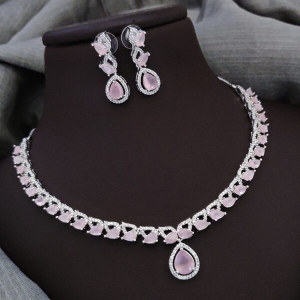 Elegant Teardrop Stone Necklace Set with American Diamond Highlights – Pink