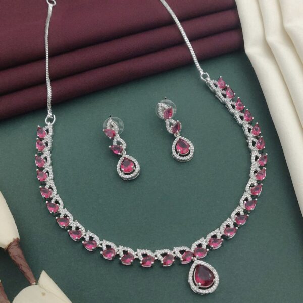 Elegant Teardrop Stone Necklace Set with American Diamond Highlights – Red