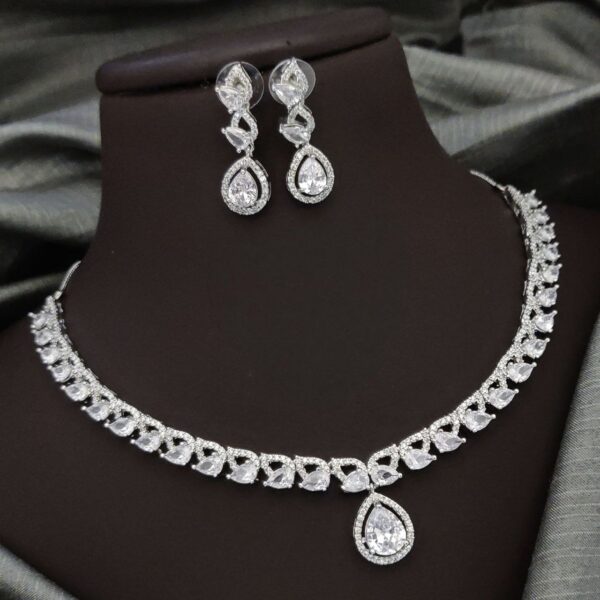 Elegant Teardrop Stone Necklace Set with American Diamond Highlights – White