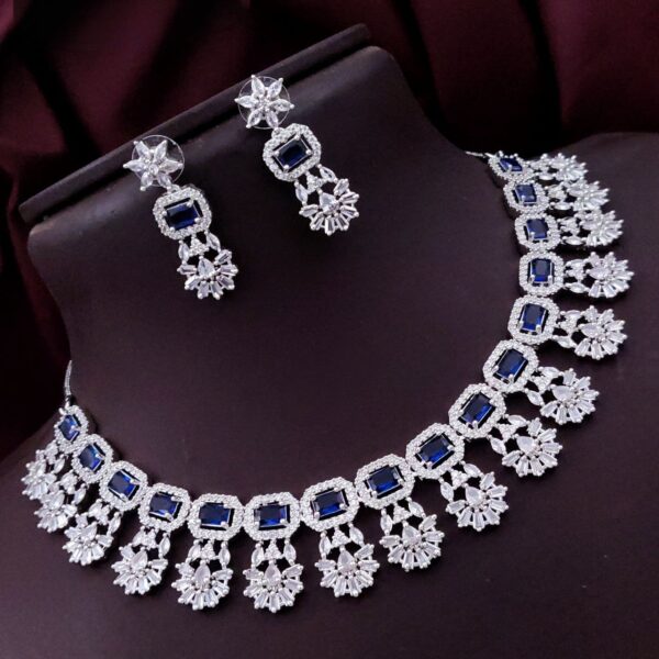 Exquisite American Diamond Choker Necklace Set with Earrings - Blue