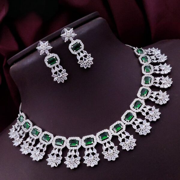 Exquisite American Diamond Choker Necklace Set with Earrings - Green