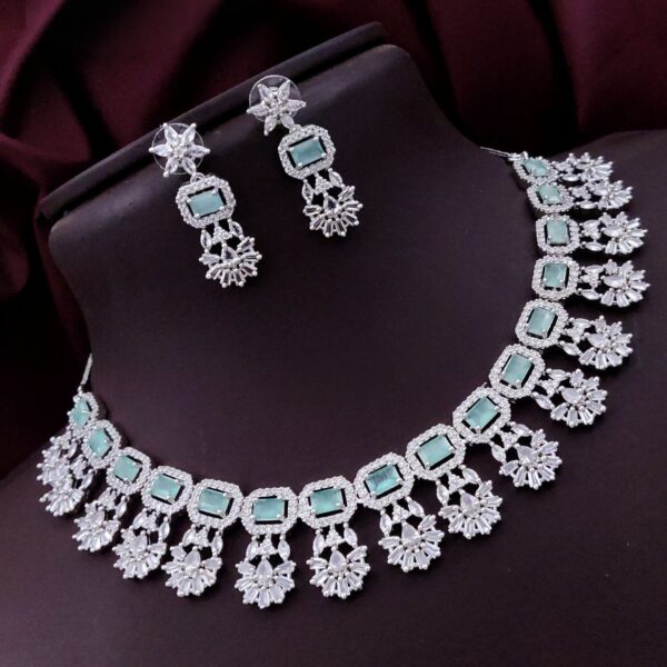 Exquisite American Diamond Choker Necklace Set with Earrings - Mint Green