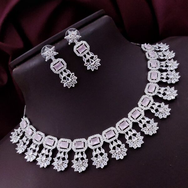 Exquisite American Diamond Choker Necklace Set with Earrings - Pink