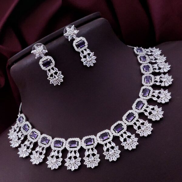 Exquisite American Diamond Choker Necklace Set with Earrings - Purple