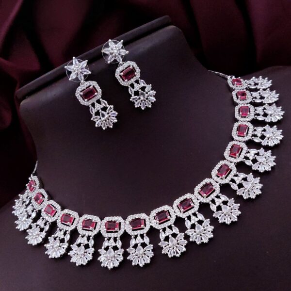 Exquisite American Diamond Choker Necklace Set with Earrings - Red