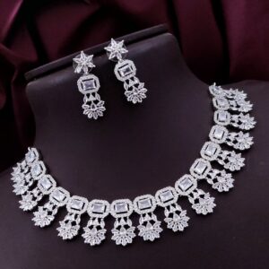 Exquisite American Diamond Choker Necklace Set with Earrings - Silver