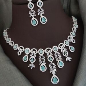 Exquisite Mint Green Stone Drop Necklace & Earrings Set with Leaf Motif Detailing