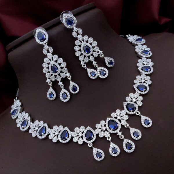 Floral AD Necklace Set with Teardrop Stones – Elegant Party & Bridal Wear - Blue