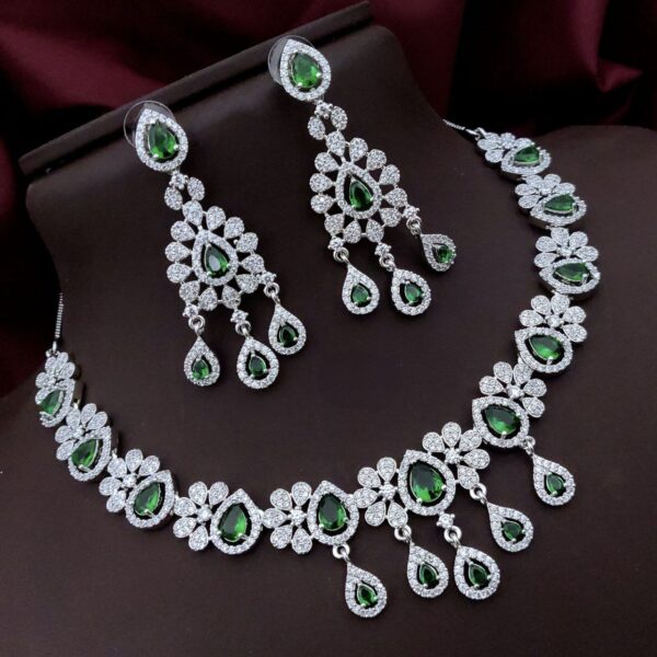 Floral AD Necklace Set with Teardrop Stones – Elegant Party & Bridal Wear - Emerald Green