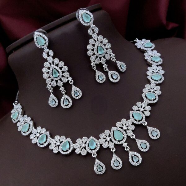 Floral AD Necklace Set with Teardrop Stones – Elegant Party & Bridal Wear - Mint Green