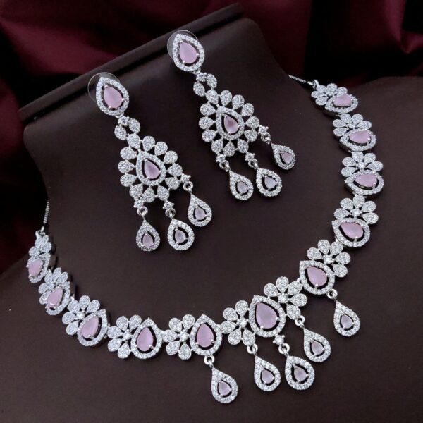 Floral AD Necklace Set with Teardrop Stones – Elegant Party & Bridal Wear - Pink