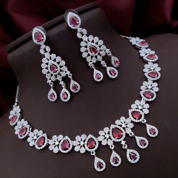 Floral AD Necklace Set with Teardrop Stones – Elegant Party & Bridal Wear - Ruby Red