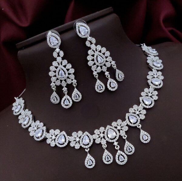Floral AD Necklace Set with Teardrop Stones – Elegant Party & Bridal Wear - White