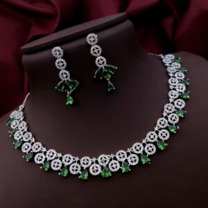 Floral Motif Necklace & Earrings Set with Teardrop Gemstones – Green
