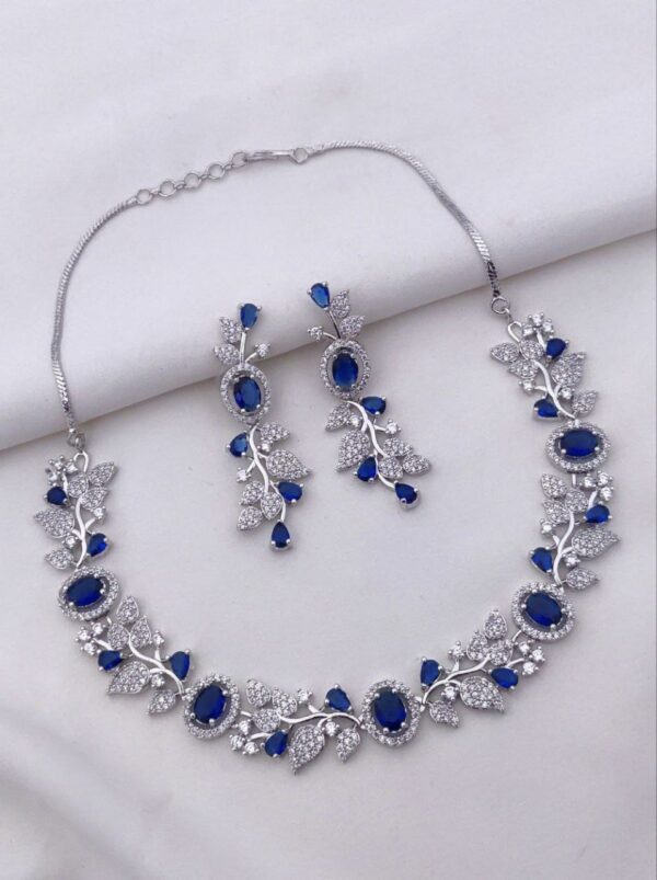 Floral Vine American Diamond Necklace Set with Oval Stones – Blue