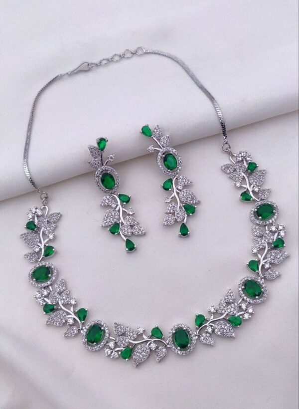 Floral Vine American Diamond Necklace Set with Oval Stones – Green