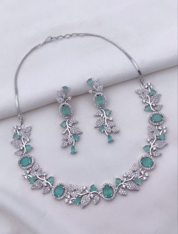 Floral Vine American Diamond Necklace Set with Oval Stones – Mint Green