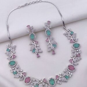 Floral Vine American Diamond Necklace Set with Oval Stones – Multicolor