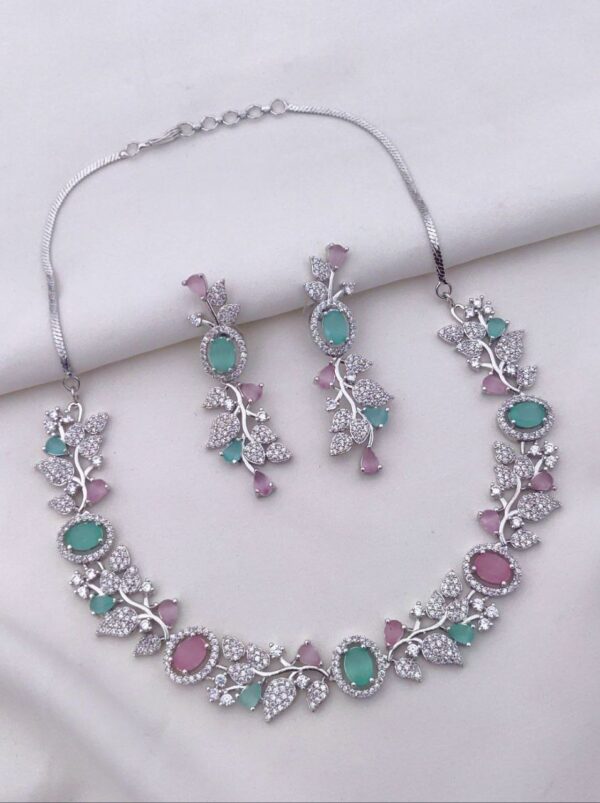 Floral Vine American Diamond Necklace Set with Oval Stones – Multicolor